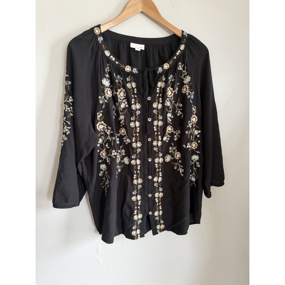J Jill Black Floral Embroidered Boho Top: Flowy Country Cottage Cottagecore L - Picture 2 of 9